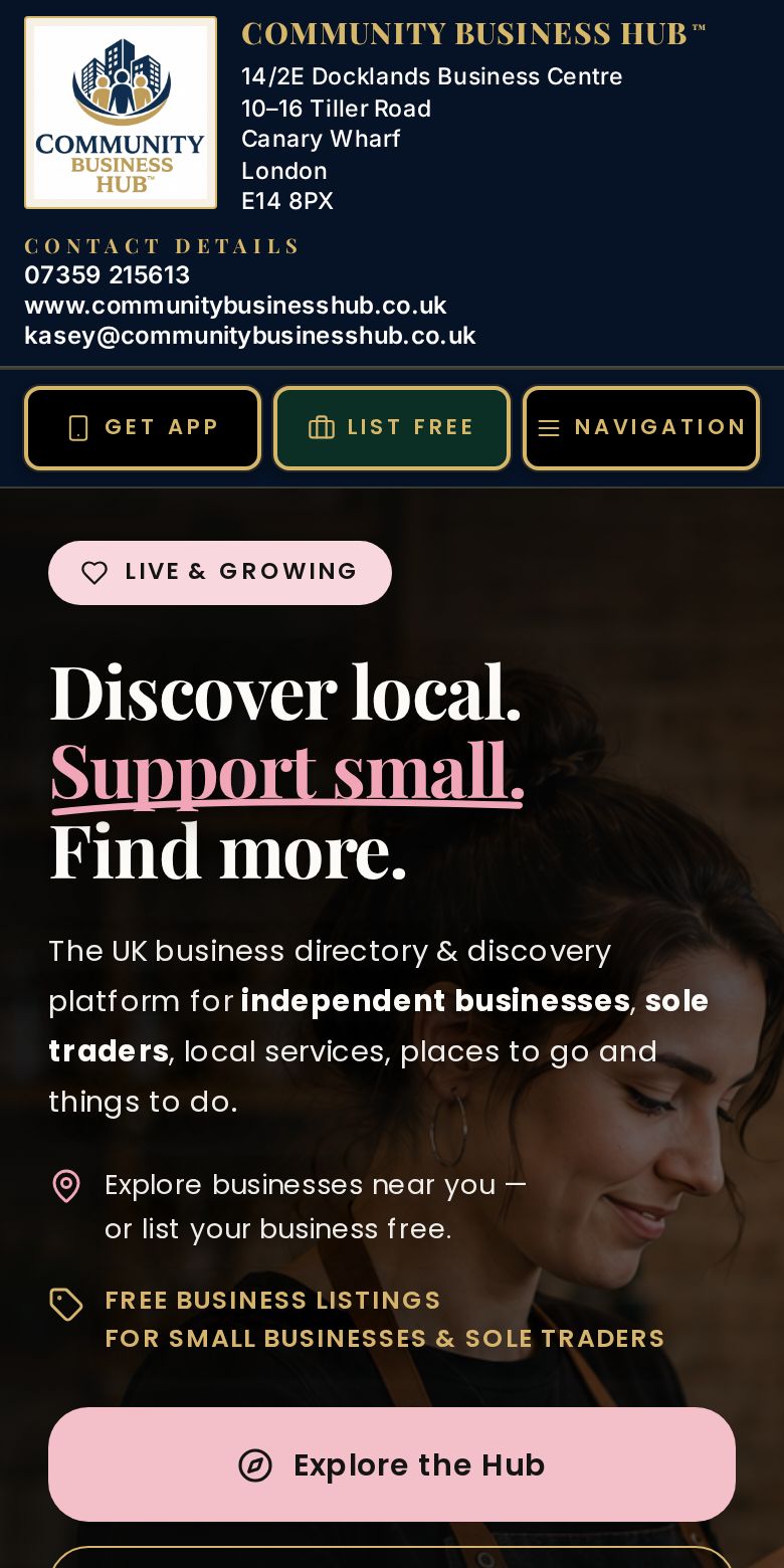 Genuine Community Business Hub website preview, mobile view