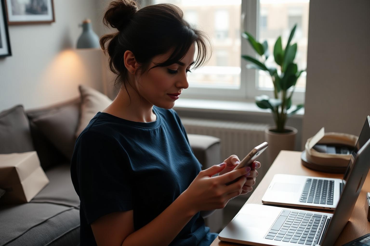 Woman managing her online life on her phone